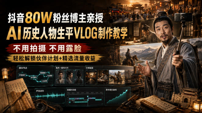 抖音80W粉丝博主的AI历史人物生平VLOG教学，不用拍摄不用露脸，AI帮你搞定，轻松解锁伙伴计划+精选收益-小二项目网