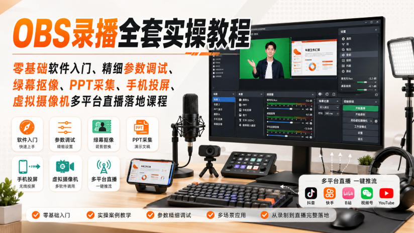 OBS录播全套实操教程｜零基础软件入门、精细参数调试、绿幕抠像、手机投屏、虚拟摄像机多平台直播落地课程-小二项目网