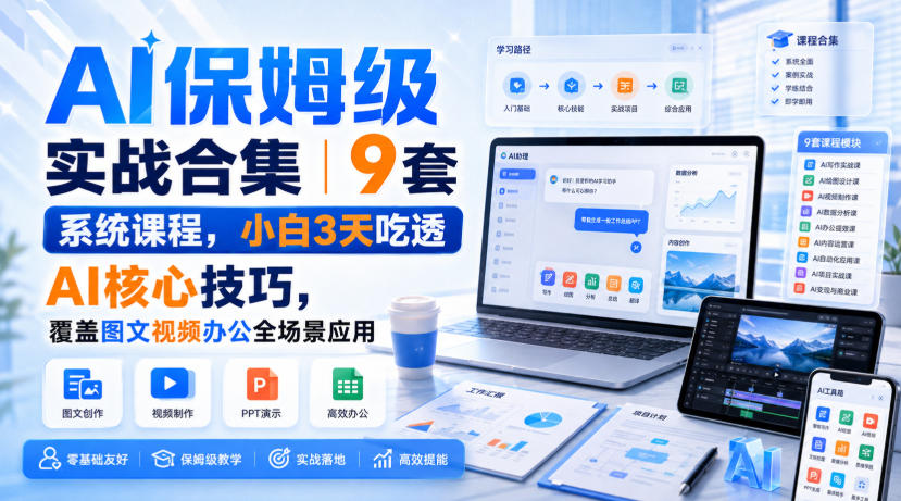 AI保姆级实战合集｜9套系统课程，小白3天吃透AI核心技巧，覆盖图文视频办公全场景应用-小二项目网