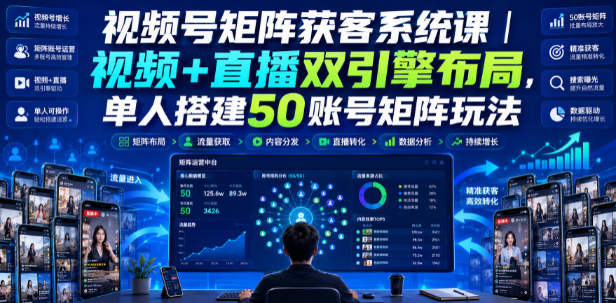 视频号矩阵获客系统课｜视频+直播双引擎布局，单人搭建50账号矩阵玩法，流量入池、搜索占位、全域引流沉淀私域全流程教学-小二项目网