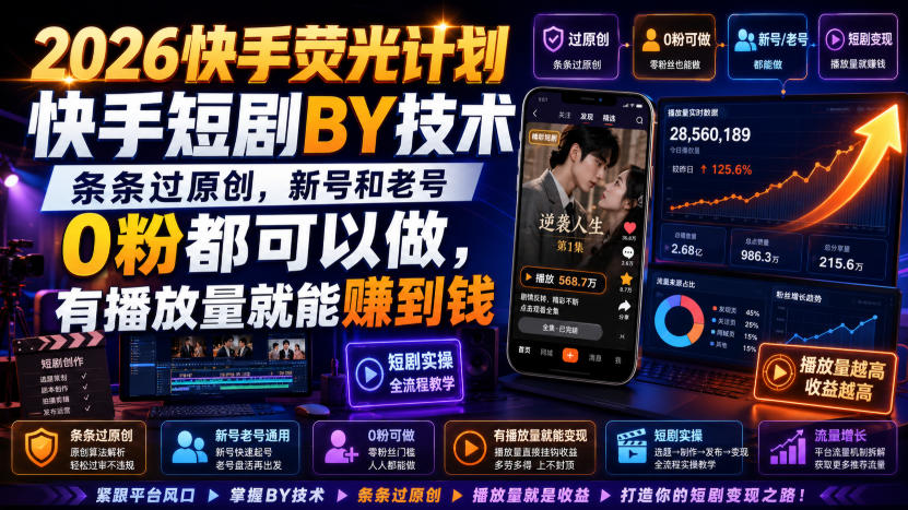 2026快手荧光计划，快手短剧搬运技术，条条过原创，新号和老号0粉都可以做，有播放量就能賺到钱-小二项目网
