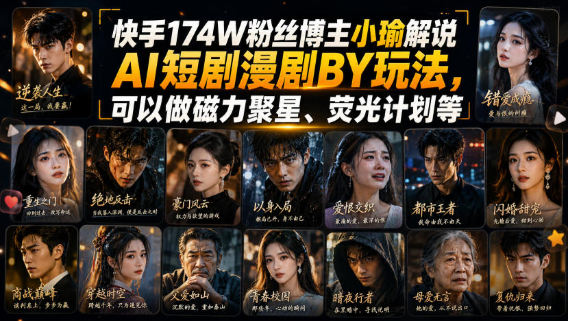 快手174W粉丝博主小瑜解说AI短剧漫剧搬运玩法，可以做磁力聚星、荧光计划等-小二项目网