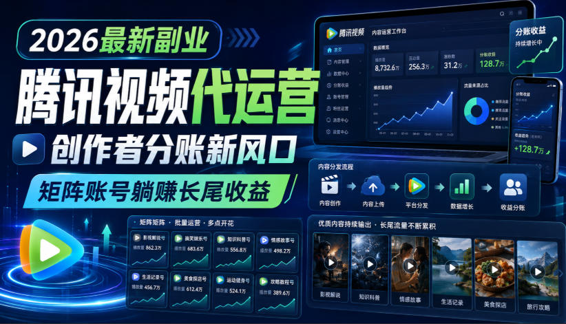 2026最新副业之腾讯视频代运营：创作者分账新风口，矩阵账号躺賺长尾收益【揭秘】-小二项目网