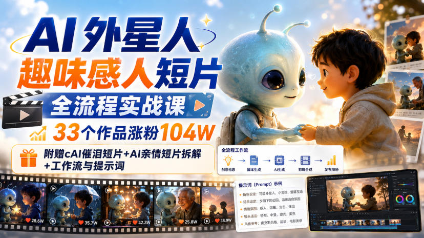 AI外星人趣味感人短片全流程实战课，33个作品涨粉104W，附赠AI催泪短片+AI亲情短片拆解+工作流与提示词-小二项目网