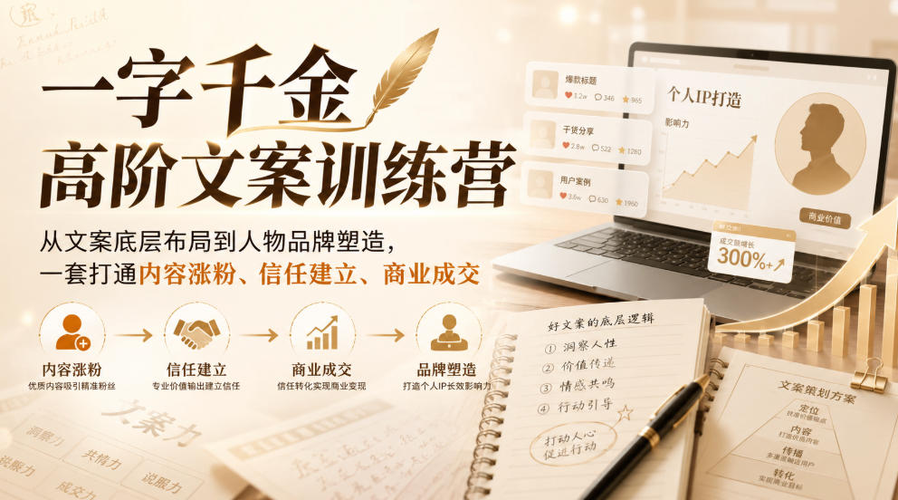 一字千金高阶文案训练营,从文案底层布局到人物品牌塑造,一套打通内容涨粉、信任建立、商业成交-小二项目网