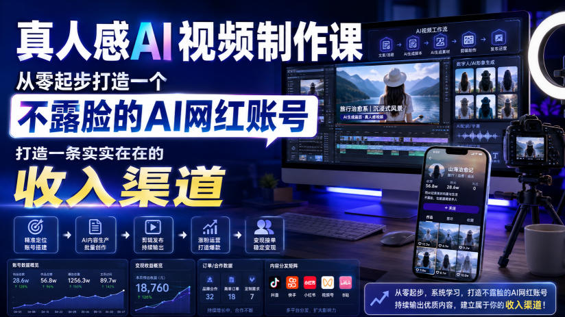 真人感AI视频制作课，从零起步打造一个不露脸的AI网红账号，打造一条实实在在的收入渠道【原创双语字幕】-小二项目网