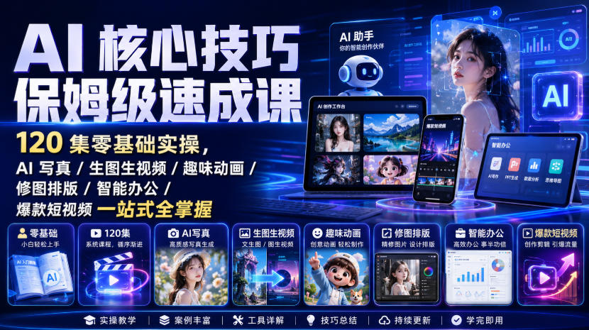AI核心技巧保姆级速成课｜120集零基础实操，AI写真/生图生视频/趣味动画/修图排版/智能办公/爆款短视频一站式全掌握-小二项目网