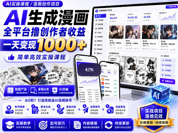 AI生成漫画全平台撸创作者收益内部课程，实操最高单日变现1k+-小二项目网