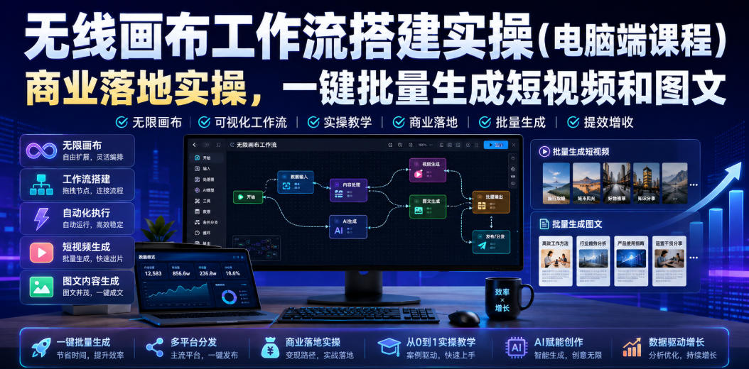 无线画布工作流搭建实操（电脑端课程），商业落地实操，一键批量生成短视频和图文-小二项目网