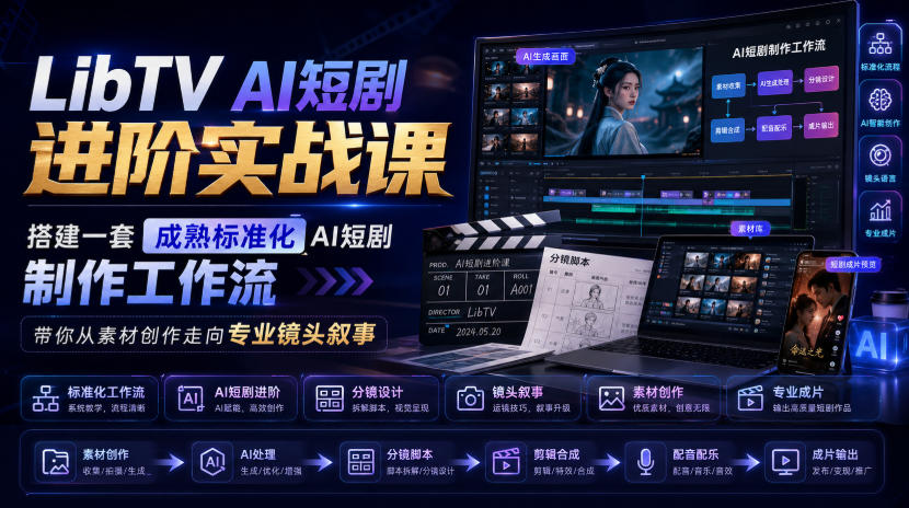 LibTV AI短剧进阶实战课，搭建一套成熟标准化AI短剧制作工作流，带你从素材创作走向专业镜头叙事-小二项目网