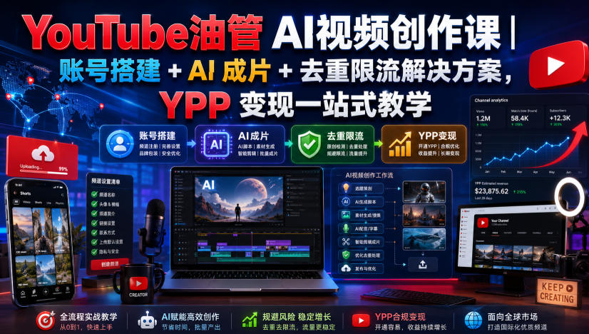 YouTube油管AI视频创作课｜账号搭建+AI成片+去重限流解决方案，YPP变现一站式教学-小二项目网