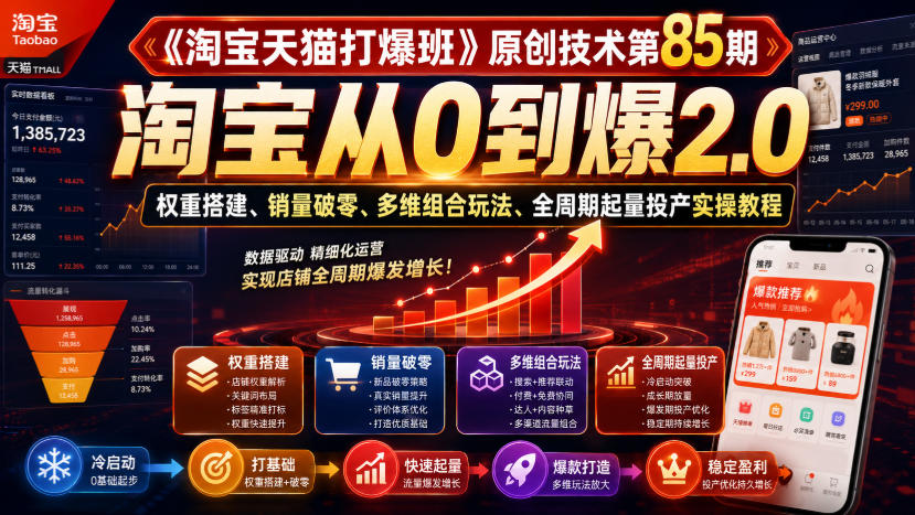 《淘宝天猫打爆班》原创技术第85期，淘宝从0到爆2.0，权重搭建、销量破零、多维组合玩法、全周期起量投产实操教程-小二项目网