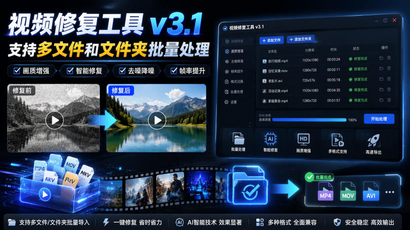 视频修复工具v3.1，支持多文件和文件夹批量处理-小二项目网