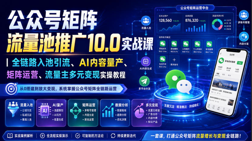 公众号矩阵流量池推广10.0实战课｜全链路入池引流、AI内容量产、矩阵运营、流量主多元变现实操教程-小二项目网