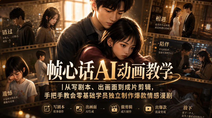 帧心话AI动画教学｜从写剧本、出画面到成片剪辑，手把手教会零基础学员独立制作爆款情感漫剧-小二项目网