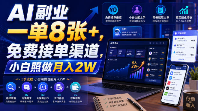 AI副业一单8张+，免费接单渠道，小白照做月入2W【揭秘】-小二项目网