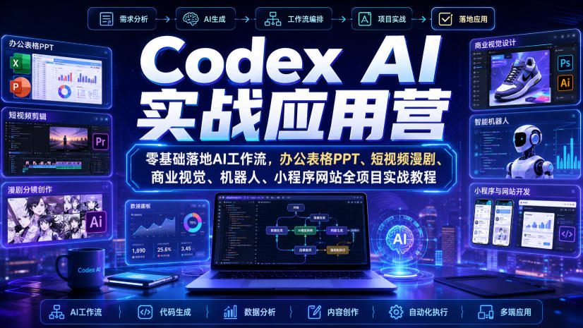 Codex AI实战应用营｜零基础落地AI工作流，办公表格PPT、短视频漫剧、商业视觉、机器人、小程序网站全项目实战教程-小二项目网