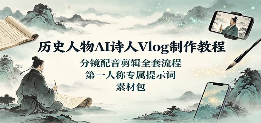 历史人物AI诗人Vlog制作教程：分镜配音剪辑全套流程，第一人称专属提示词素材包-小二项目网