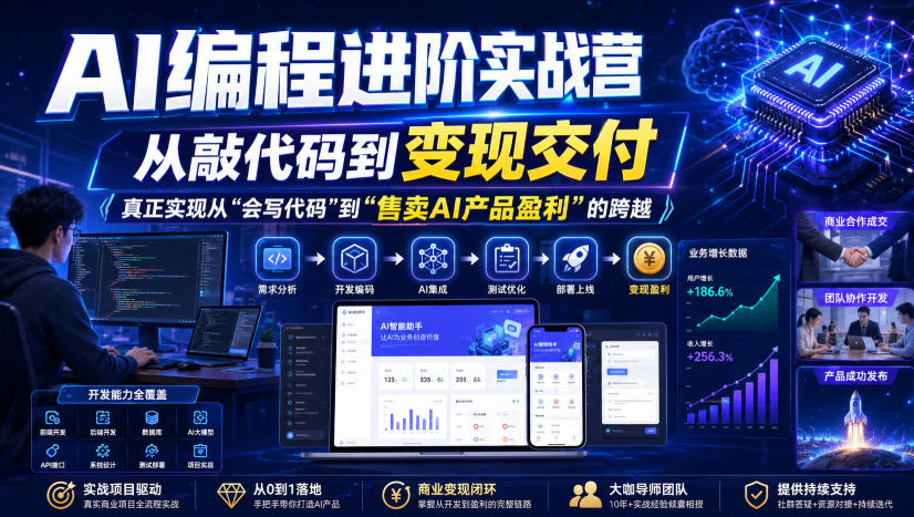 AI编程进阶实战营，从敲代码到变现交付，，真正实现从“会写代码”到“售卖AI产品盈利”的跨越-小二项目网