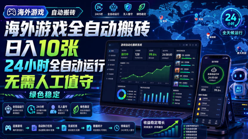 海外游戏全自动搬砖，日入10张，24小时全自动运行，无需人工值守，绿色稳定！【揭秘】-小二项目网