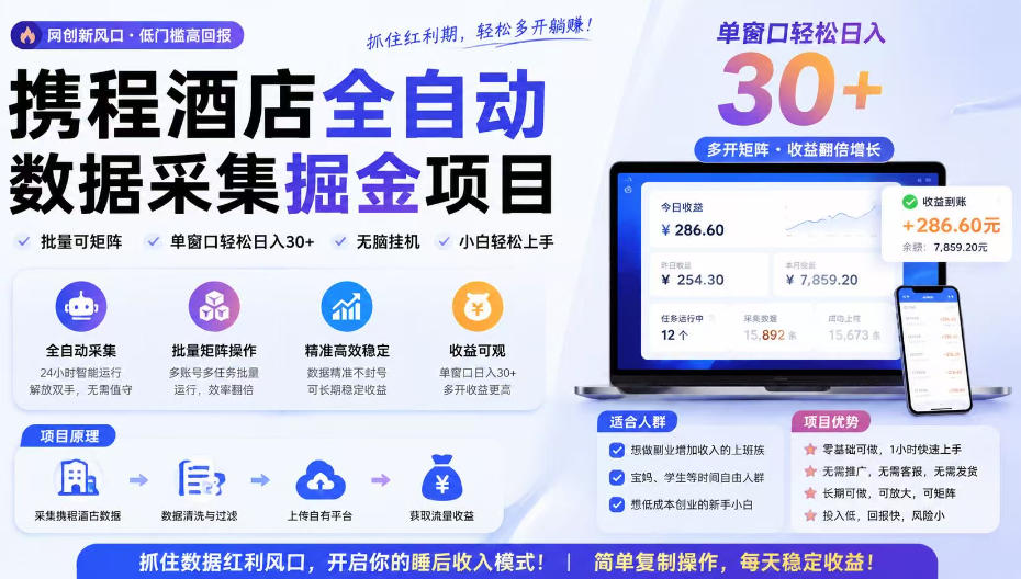 携程酒店采集挂G项目，批量可矩阵，单机轻松日入300+，开启你的睡后收入模式!【揭秘】-小二项目网