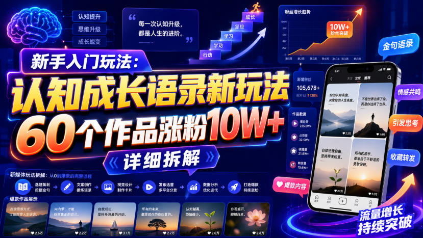 新手入门玩法：认知成长语录新玩法，60个作品涨粉10W+，详细拆解-小二项目网