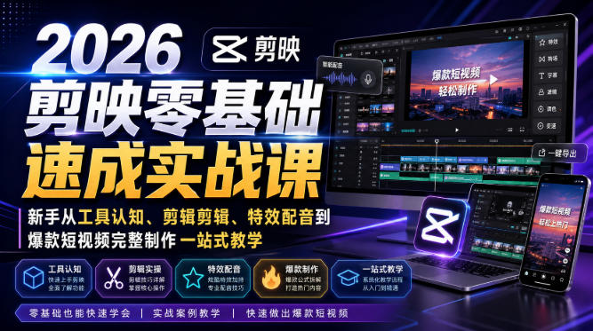 2026剪映零基础速成实战课｜新手从工具认知、剪辑剪辑、特效配音到爆款短视频完整制作一站式教学-小二项目网