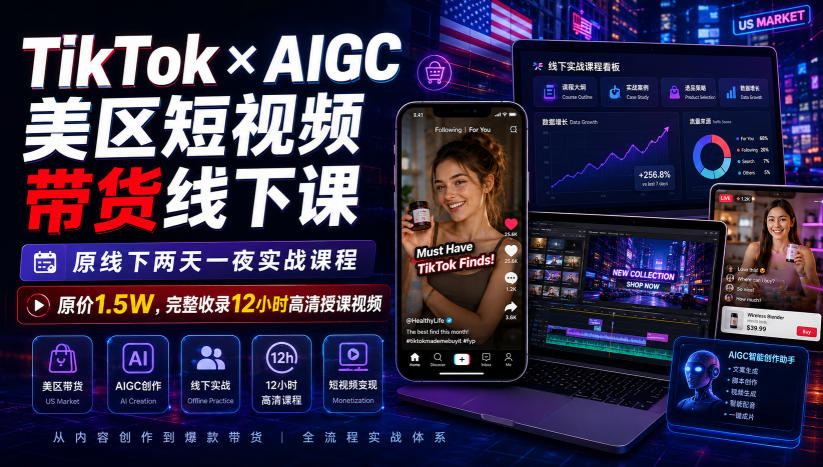 TikTok×AIGC美区短视频带货线下课，原线下两天一夜实战课程，原价1.5W，完整收录12小时高清授课视频-小二项目网