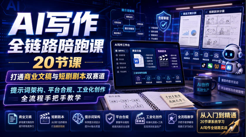 AI写作全链路陪跑课｜20节课打通商业文稿与短剧剧本双赛道，提示词架构、平台合规、工业化创作全流程手把手教学-小二项目网