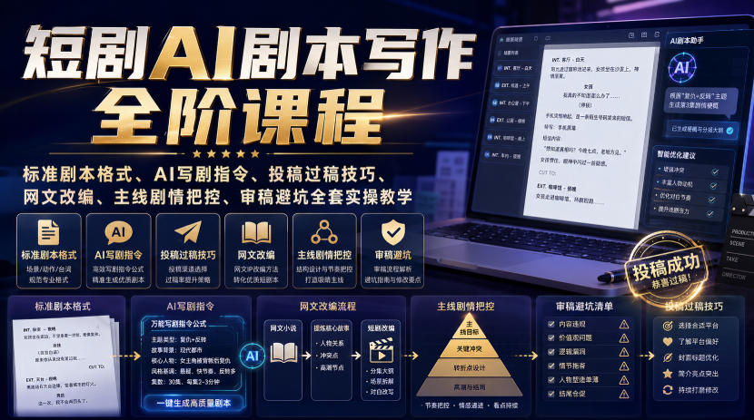 短剧AI剧本写作全阶课程｜标准剧本格式、AI写剧指令、投稿过稿技巧、网文改编、主线剧情把控、审稿避坑全套实操教学-小二项目网