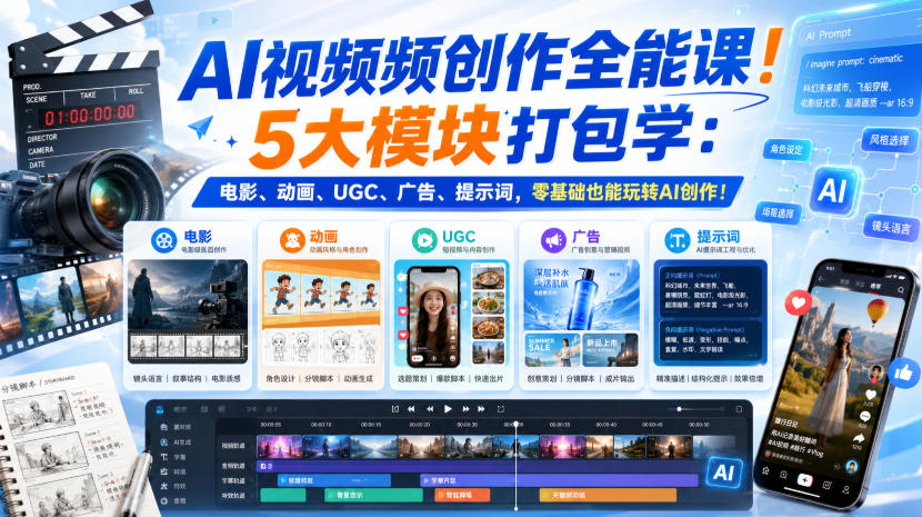 AI视频频创作全能课！5大模块打包学：电影、动画、UGC、广告、提示词，零基础也能玩转AI创作！【原创双语字幕】-小二项目网