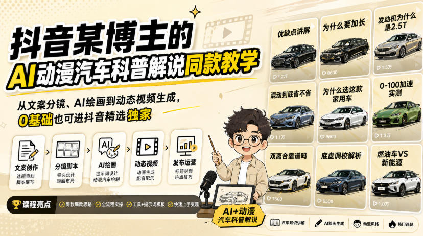 抖音某博主的AI动漫汽车科普解说同款教学，从文案分镜、AI绘画到动态视频生成，0基础解锁抖音精选独家收益-小二项目网