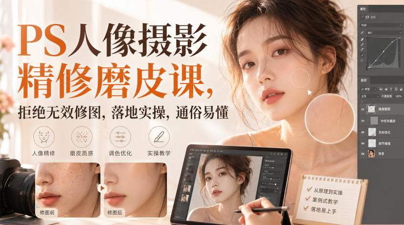 PS人像摄影精修磨皮课，拒绝无效修图，落地实操，通俗易懂-小二项目网