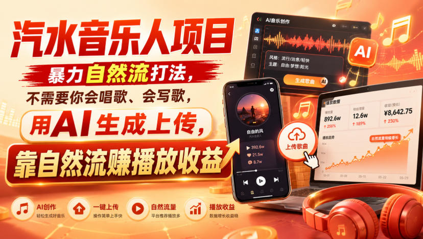 汽水音乐人项目，暴力自然流打法，不需要你会唱歌、会写歌，用AI生成上传，靠自然流賺播放收益-小二项目网