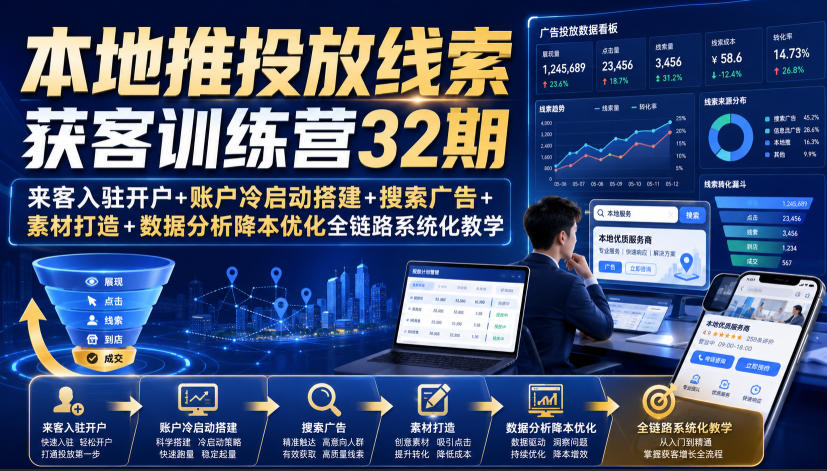 本地推投放线索获客训练营32期｜来客入驻开户+账户冷启动搭建+搜索广告+素材打造+数据分析降本优化全链路系统化教学（8月全新课程）-小二项目网