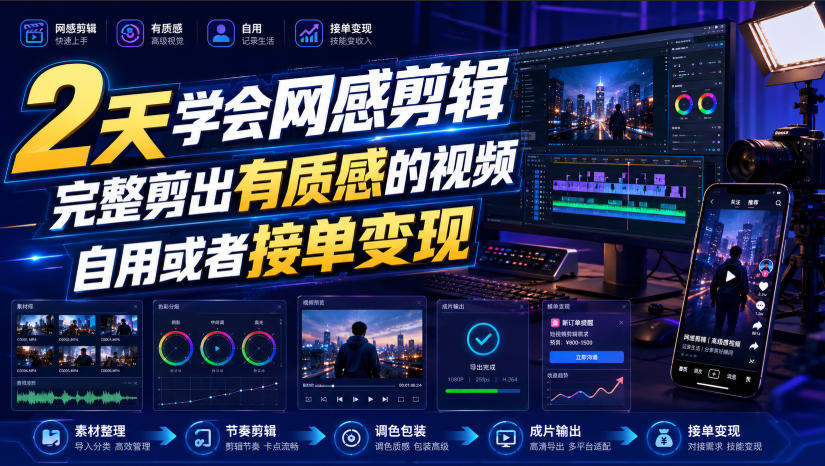 2天学会网感剪辑，完整剪出有质感的视频，自用或者接单变现-小二项目网