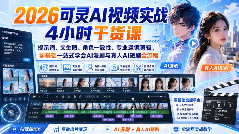 2026可灵AI视频实战4小时干货课｜提示词、文生图、角色一致性、专业运镜剪辑，零基础一站式学会AI漫剧与真人AI短剧全流程-小二项目网