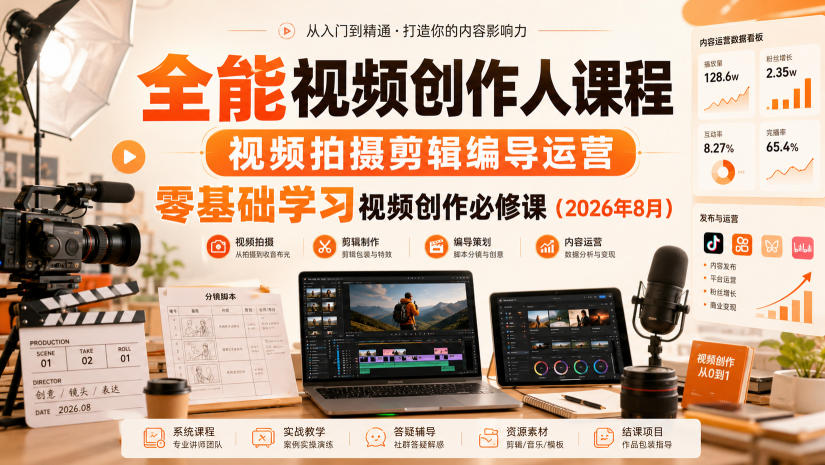 全能视频创作人课程，视频拍摄剪辑编导运营，零基础学习视频创作必修课（2026年8月）-小二项目网