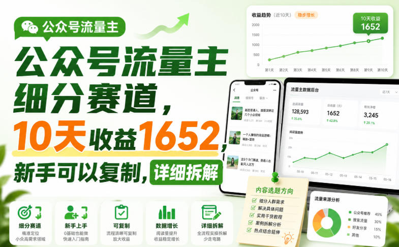 公众号流量主细分赛道，10天收益1652，新手可以复制，详细拆解-小二项目网