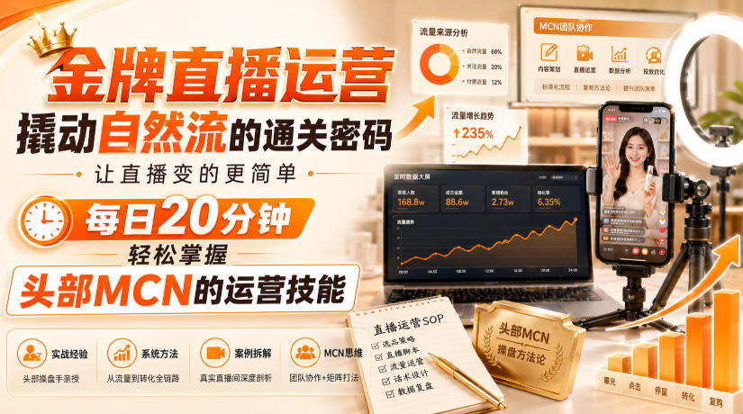 金牌直播运营撬动自然流的通关密码，让直播变的更简单，每日20分钟，轻松掌握头部MCN的运营技能-小二项目网