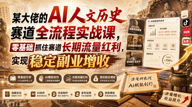 某大佬的AI人文历史赛道全流程实战课，零基础抓住赛道长期流量红利，实现稳定副业增收-小二项目网