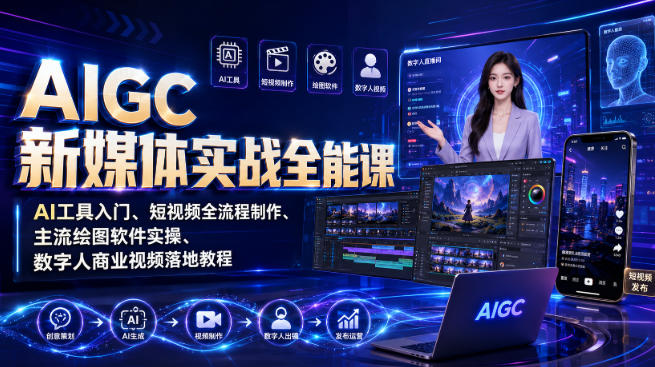 AIGC新媒体实战全能课｜AI工具入门、短视频全流程制作、主流绘图软件实操、数字人商业视频落地教程-小二项目网