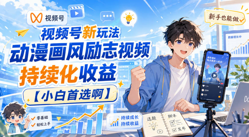 视频号新玩法动漫画风励志视频，持续化收益【小白首选啊】-小二项目网