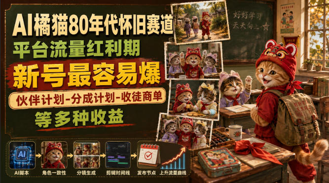 AI橘猫80年代怀旧赛道，平台流量红利期，新号最容易爆，伙伴计划-分成计划-收徒商单等多种收益-小二项目网
