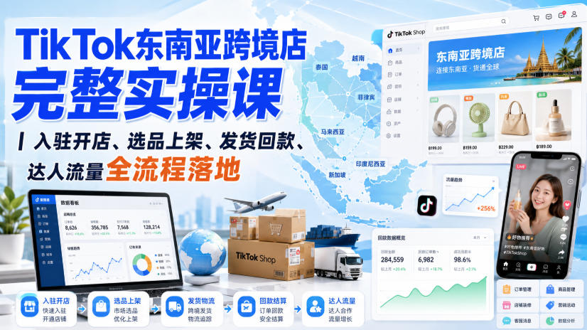 TikTok东南亚跨境店完整实操课｜入驻开店、选品上架、发货回款、达人流量全流程落地-小二项目网