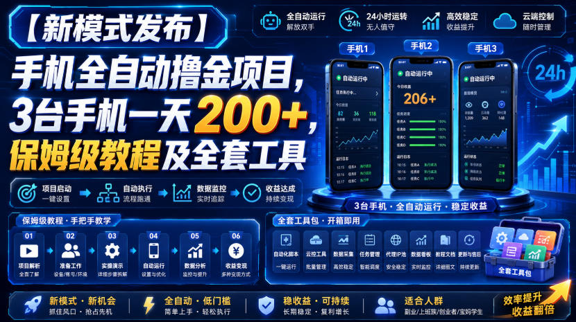 【新模式发布】手机全自动撸金项目，3台手机一天200+，保姆级教程及全套工具【揭秘】-小二项目网