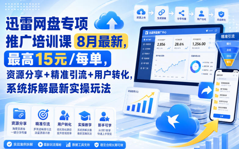 迅雷网盘专项推广培训课8月最新，最高15米/每单，资源分享+精准引流+用户转化，系统拆解最新实操玩法（更新0824）-小二项目网
