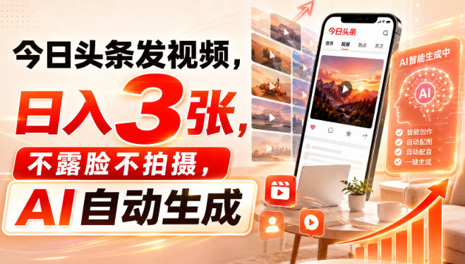 今日头条发视频，日入3张，不露脸不拍摄，AI自动生成-小二项目网