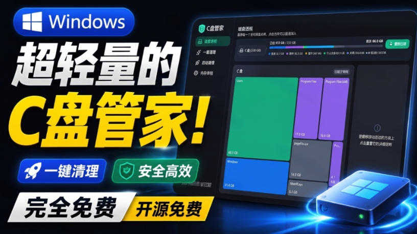 Windows超轻量的C盘管家!超级有特点,支持磁盘分析及清理提醒,2M大小体积,完全免费C盘管家-小二项目网