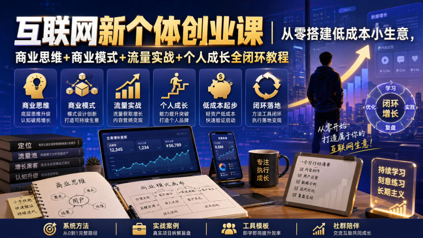 互联网新个体创业课｜从零搭建低成本小生意，商业思维+商业模式+流量实战+个人成长全闭环教程-小二项目网